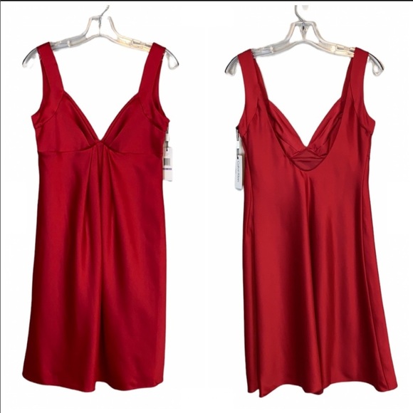Calvin Klein Dresses & Skirts - NWT Calvin Klein Red Satin V-Neck Low Back Dress Size 6 Empire Waist Vamp Vampy